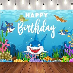 Under the Sea Happy Birthday Backdrop - Blue Shark Design